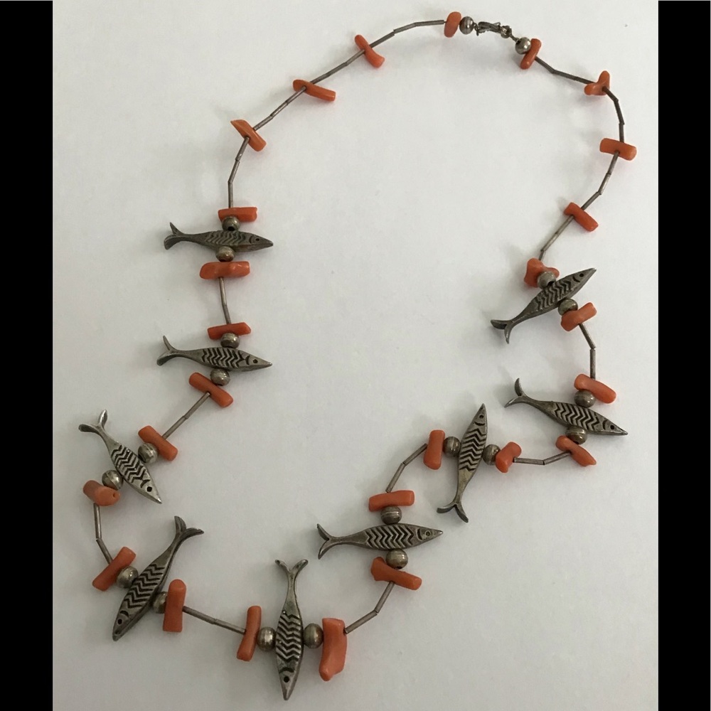 Olde Sterling Coral Heavy Fish Fetish Necklace